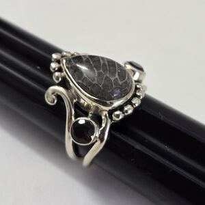 'Arya' Sterling Silver 925 Ornate Silver Ring with Teardrop Black Stone